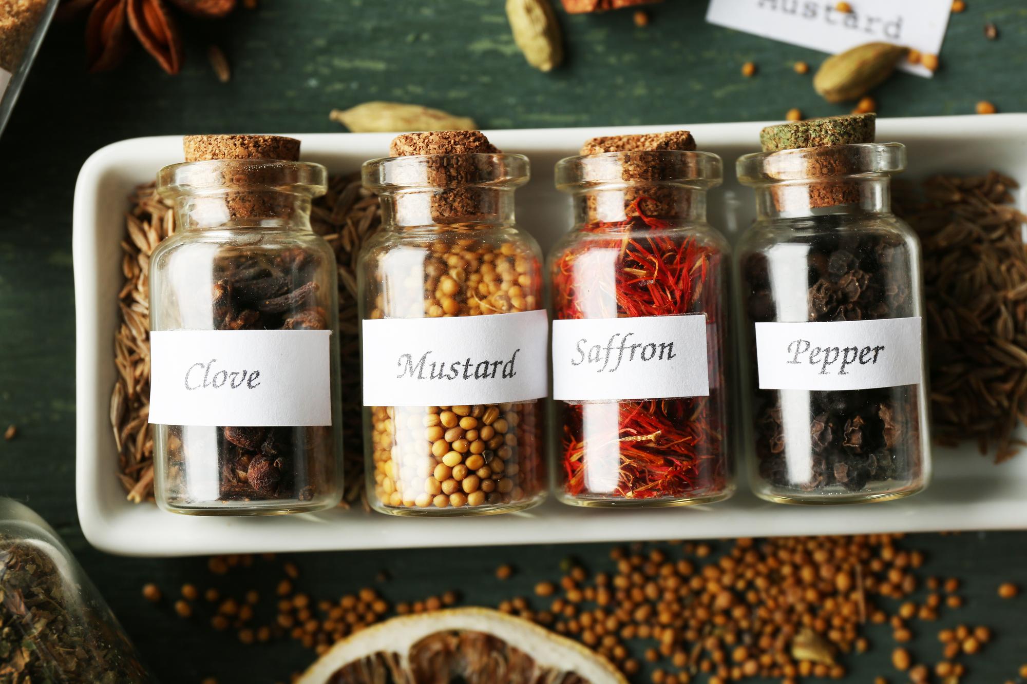 Close up of spice jars and labels